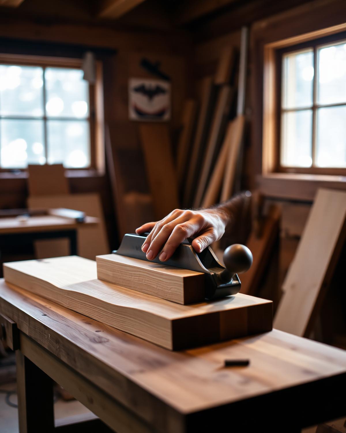 A craftsman hand-planing white oak on a workbench in a mountain workshop