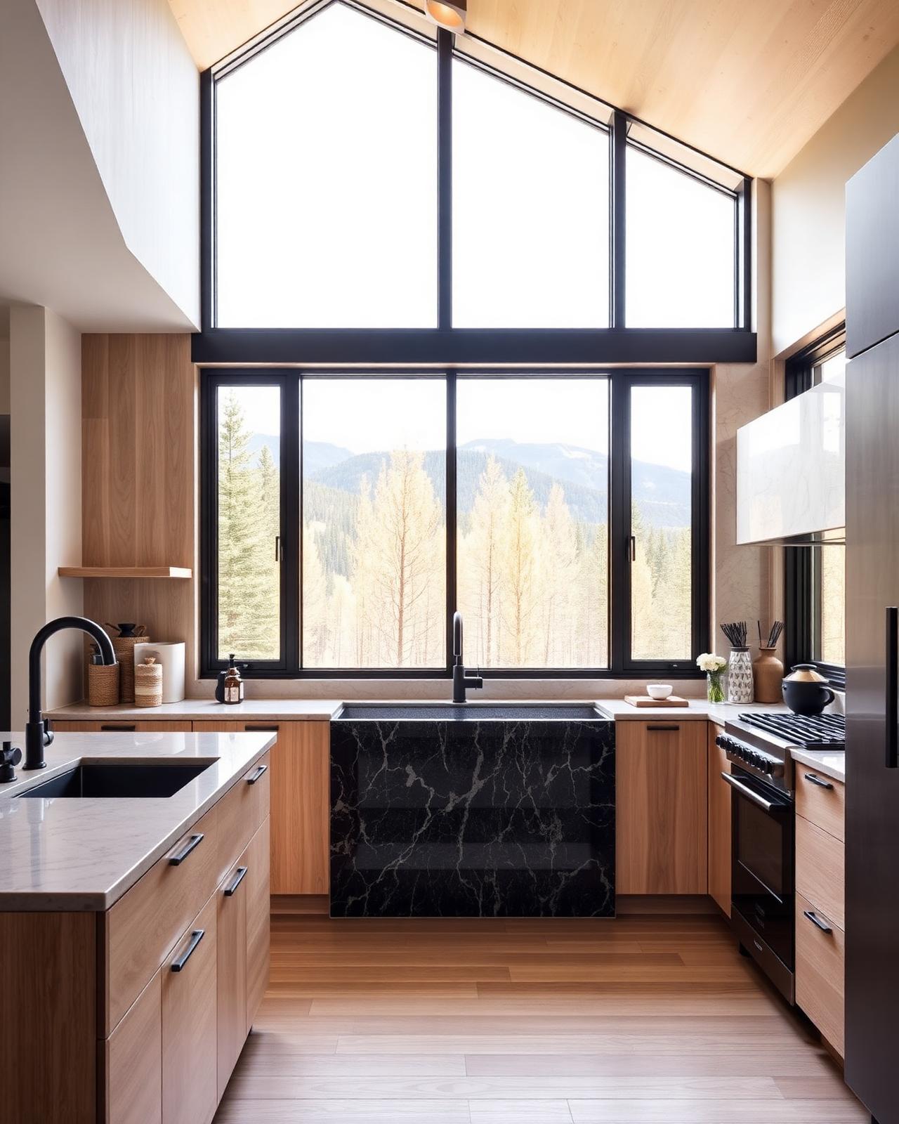 Modern Roaring Fork Valley kitchen with white oak cabinetry and marble waterfall island overlooking Colorado mountains