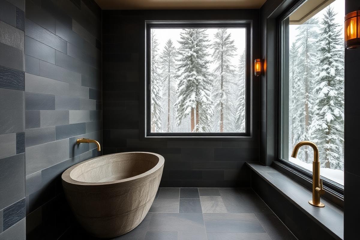 Luxury bathroom with slate tile walls and a stone soaking tub facing snowy pines